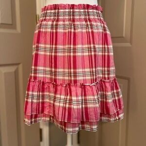 J. Crew Re-Imagined pull-on pink plaid reused lined cotton mini skirt. Size S.